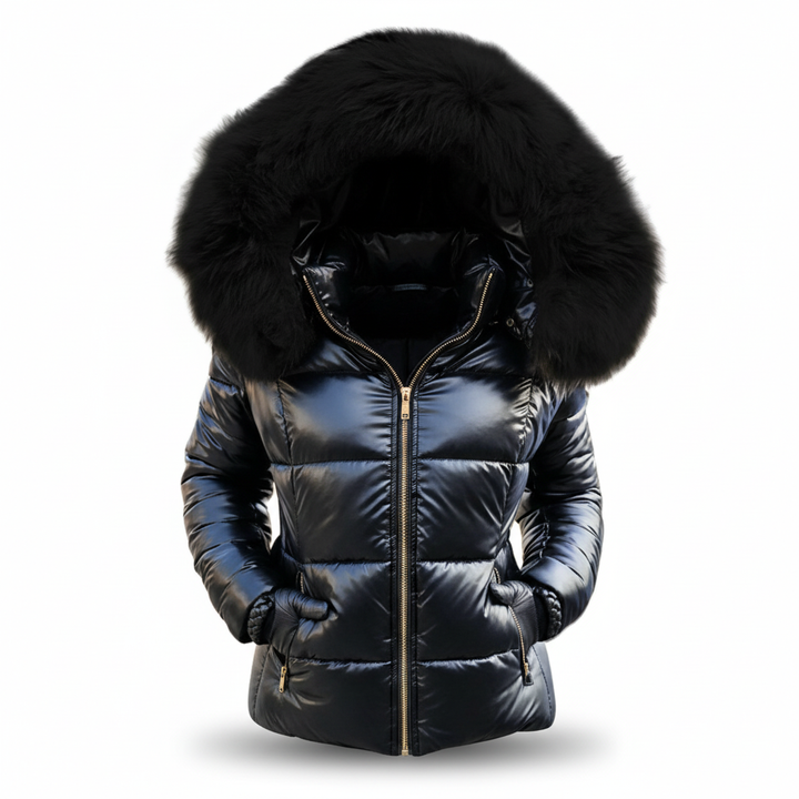 Black quilted parka with a black fur hood, gold zipper and zippered hand pockets.