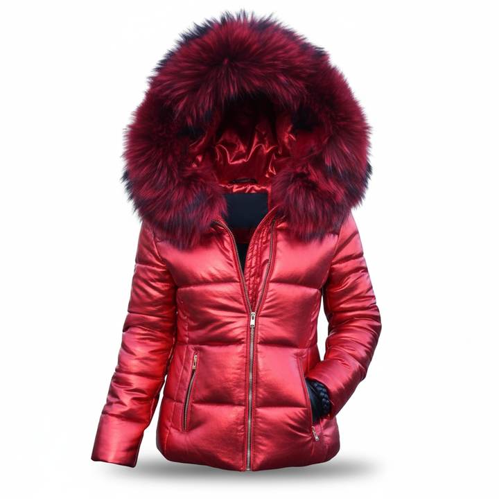 Metallic red quilted parka with a deep red fur-trimmed hood, silver zipper and zippered side pockets.