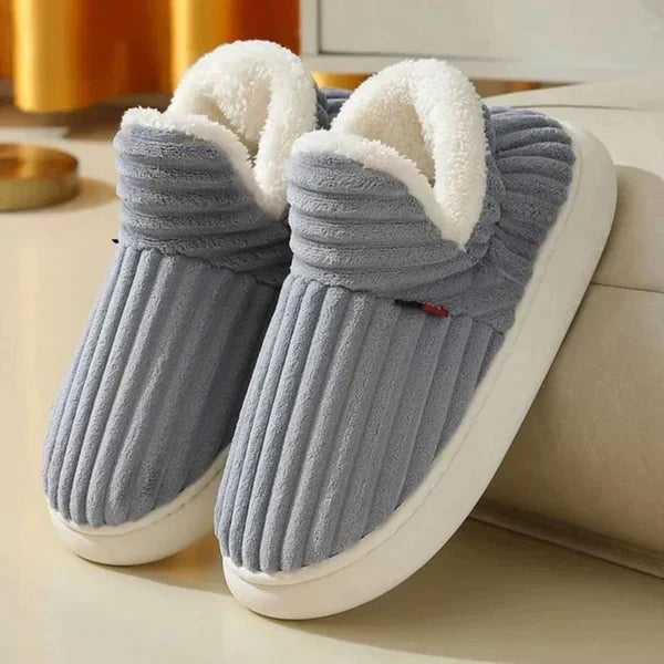 Men's gray plush slippers with white fleece collars and thick cream soles