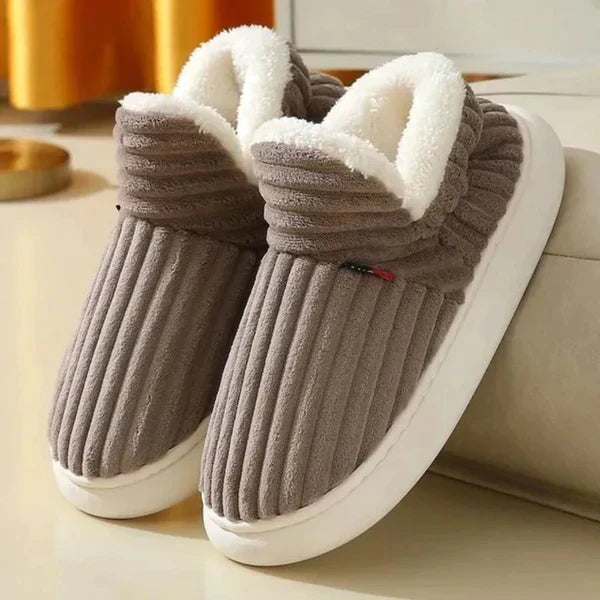 Men's taupe brown plush slippers with white fleece lining and thick cream soles