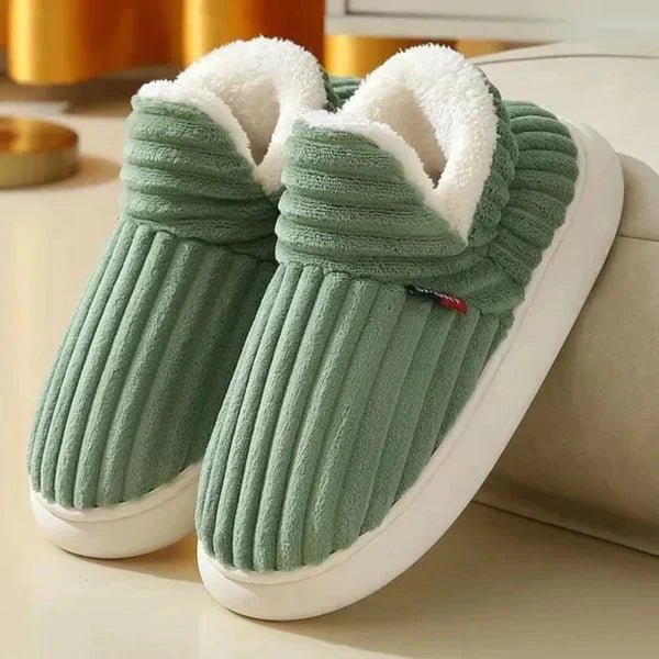 Men's green plush slippers with white fleece lining and thick cream soles