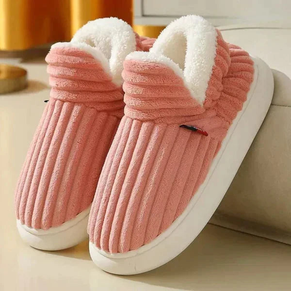 Men's coral pink plush slippers with white fleece collars and thick cream soles