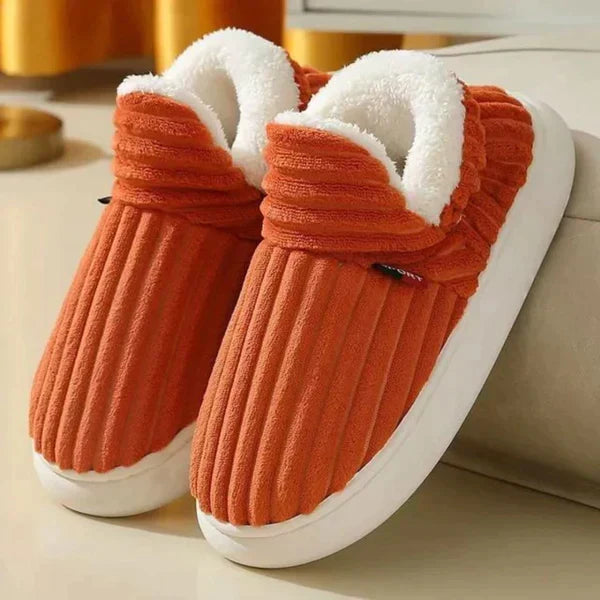 Men's burnt orange plush slippers with white fleece lining and thick cream soles