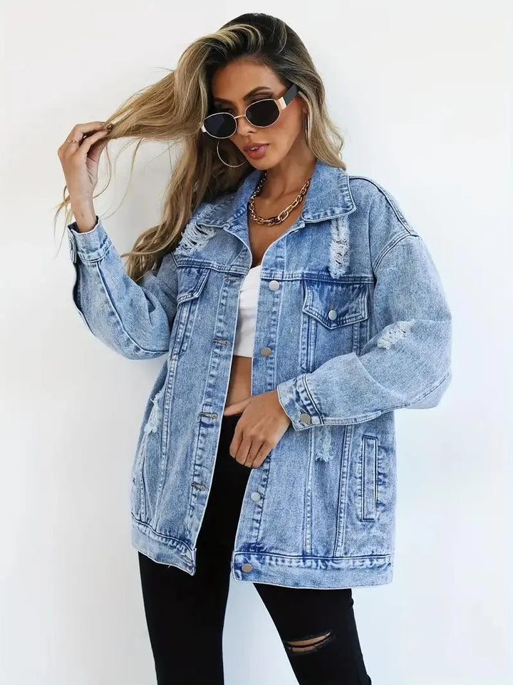 Waterproof & Lined Oversized Women's Denim Jacket with Hood – Talia-Blue-S-Nora Luxe