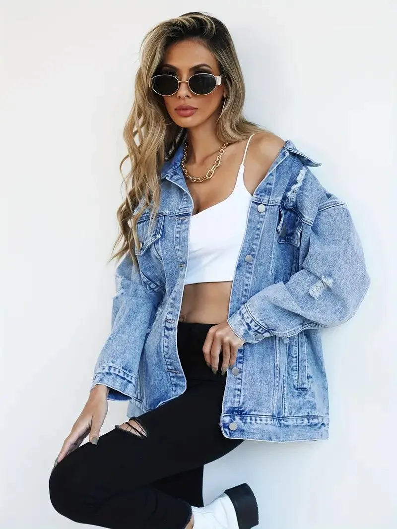 Waterproof & Lined Oversized Women's Denim Jacket with Hood – Talia-Blue-S-Nora Luxe