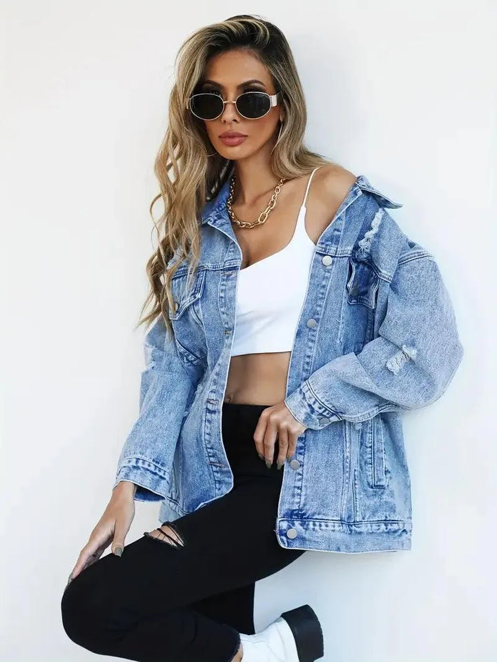 Waterproof & Lined Oversized Women's Denim Jacket with Hood – Talia-Blue-S-Nora Luxe