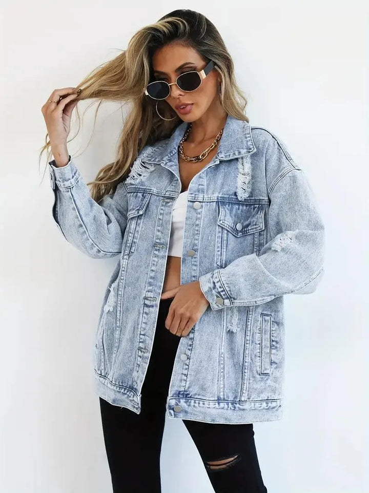 Waterproof & Lined Oversized Women's Denim Jacket with Hood – Talia-Blue-S-Nora Luxe