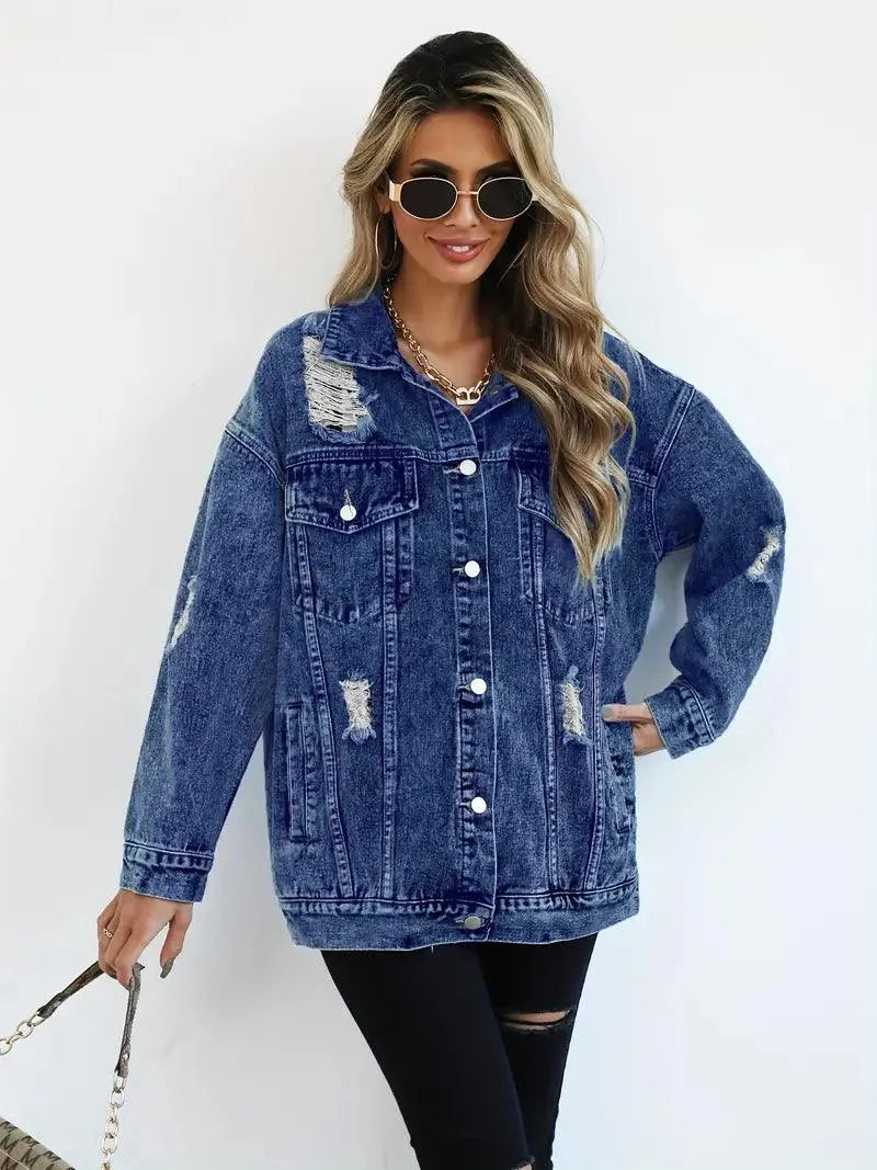 Waterproof & Lined Oversized Women's Denim Jacket with Hood – Talia-Dark blue-S-Nora Luxe