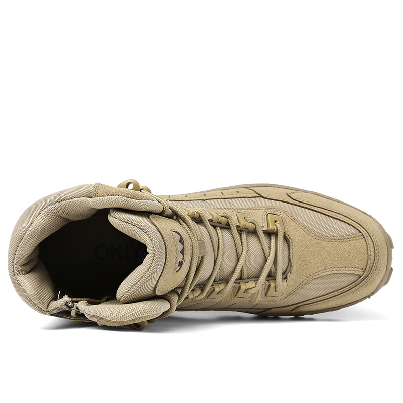 Top-down view of sand-colored boot showing padded collar, interior lining, side zipper and lacing 11