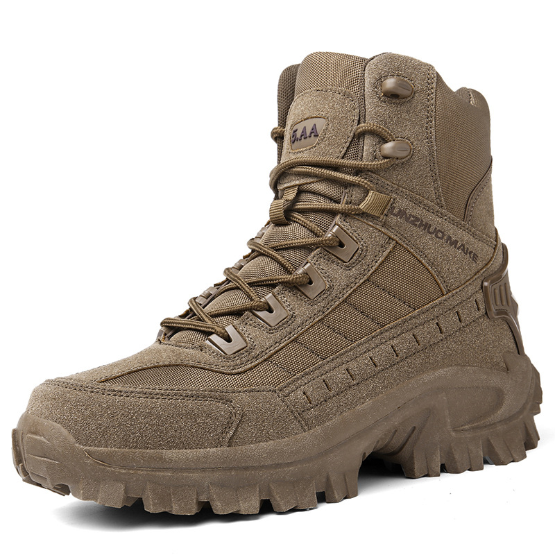 Single brown high-top boot angled three-quarter view on white, showing lacing, suede panels and lugged sole 14
