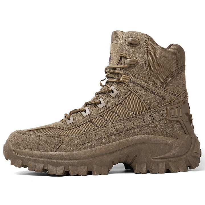 Side profile of a brown high-top boot with a rugged lugged sole and heel overlay 15