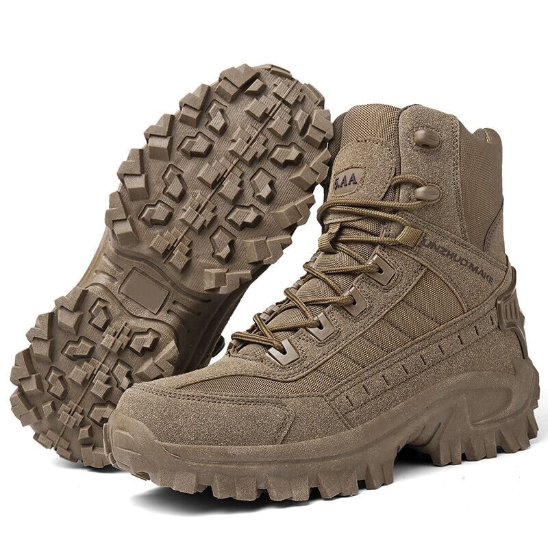 Brown boot standing upright beside another turned to show its rugged lug sole 16