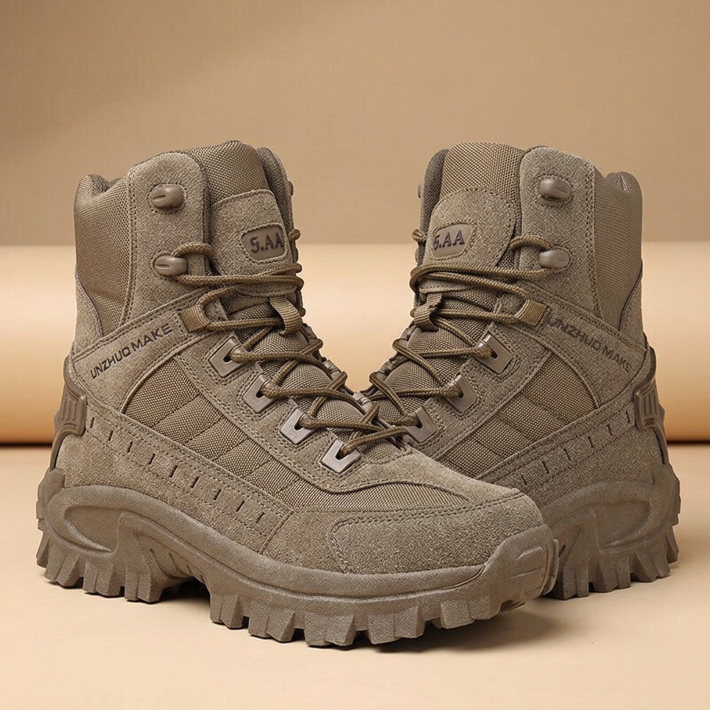Pair of brown high-top boots with suede and nylon panels, angled toward each other on a beige backdrop 26