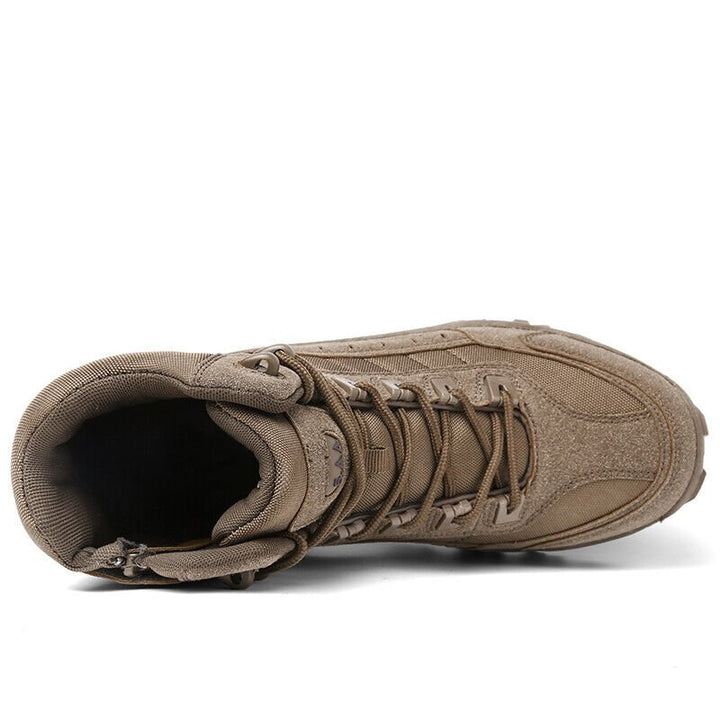 Top-down view of a brown boot showing laces, padded collar, and side zipper 17