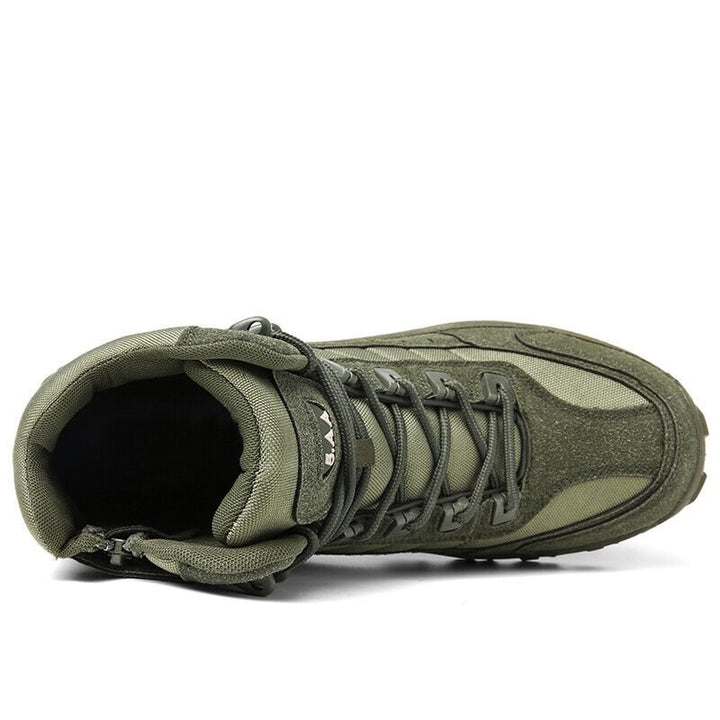 Top-down view of olive green boot showing padded collar, interior, side zipper and lacing 20