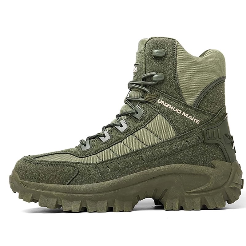 Side profile of an olive green high-top boot with suede panels, lace loops and thick lugged sole 23