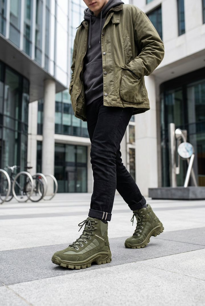 Model in olive jacket, hoodie and black jeans walking in olive green high-top lace-up boots outdoors 1