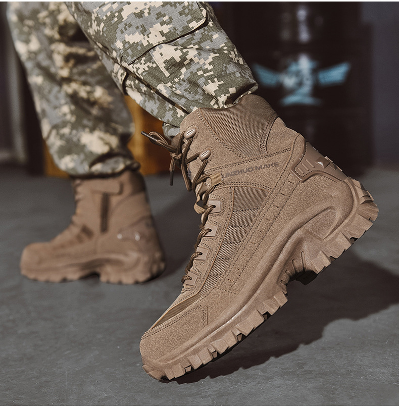 Brown suede boots worn with gray digital camouflage pants, one foot lifted to show the chunky tread 5