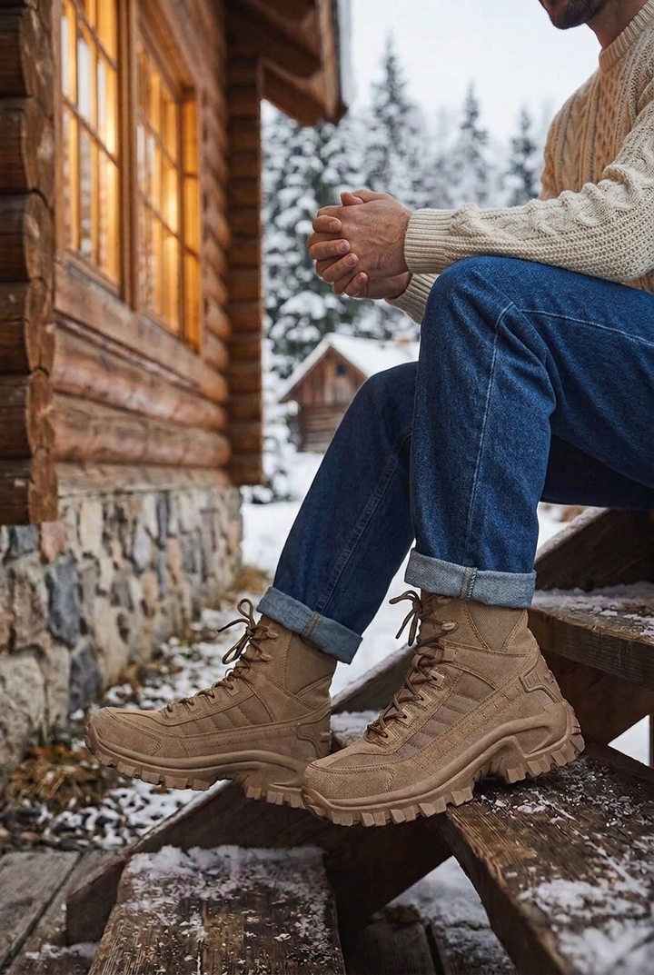 Woman in rolled jeans and tan lace-up boots sits on snowy cabin steps holding a mug 1