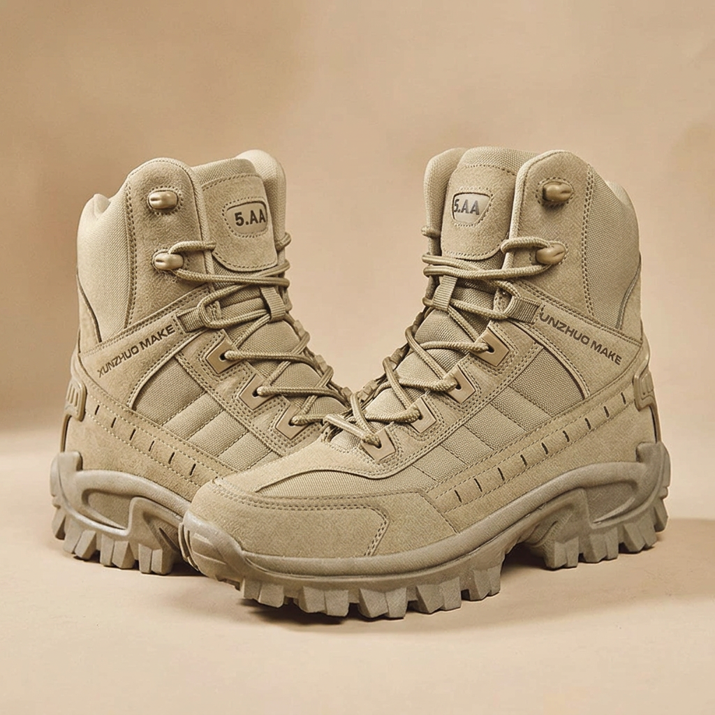 Pair of sand-colored high-top boots angled toward each other, showing laces, suede overlays and tread on a beige backdrop 24