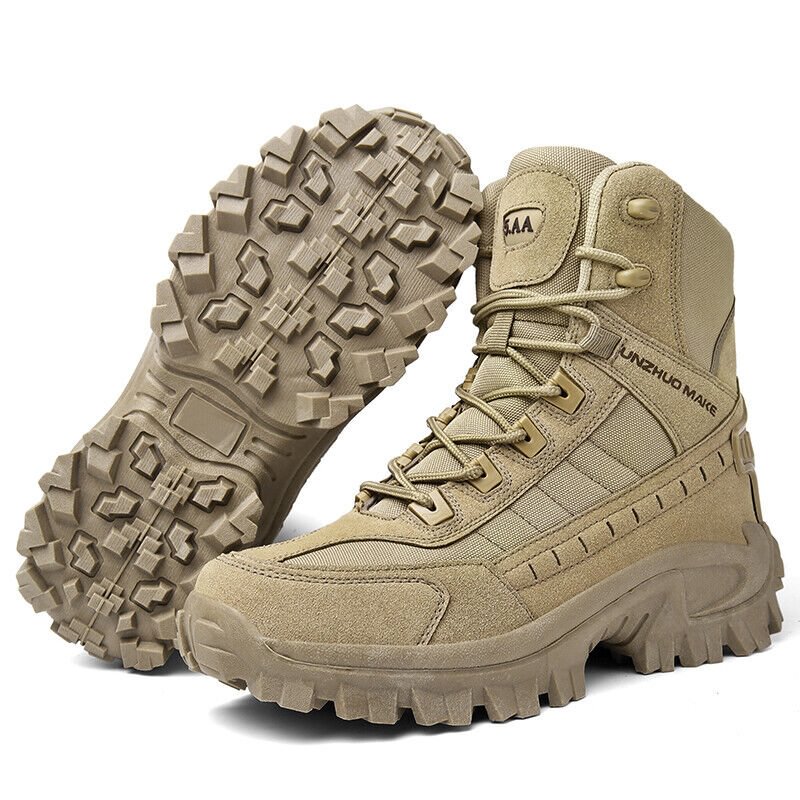 Sand-colored boot standing beside its mate turned up to show the thick, patterned rubber outsole 9