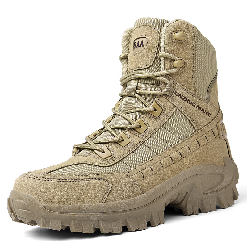 Single tan high-top boot, three-quarter side view, on a plain white background 10