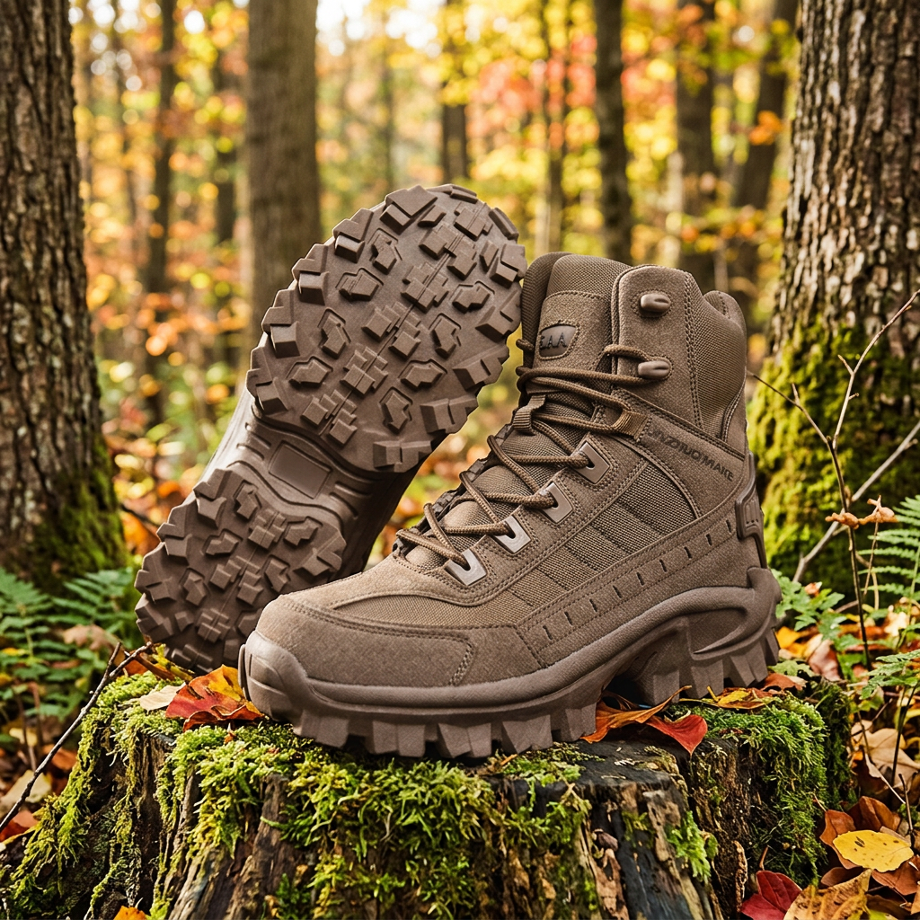 Brown suede and fabric hiking boots on a mossy stump in autumn woods, one showing its lugged sole 1