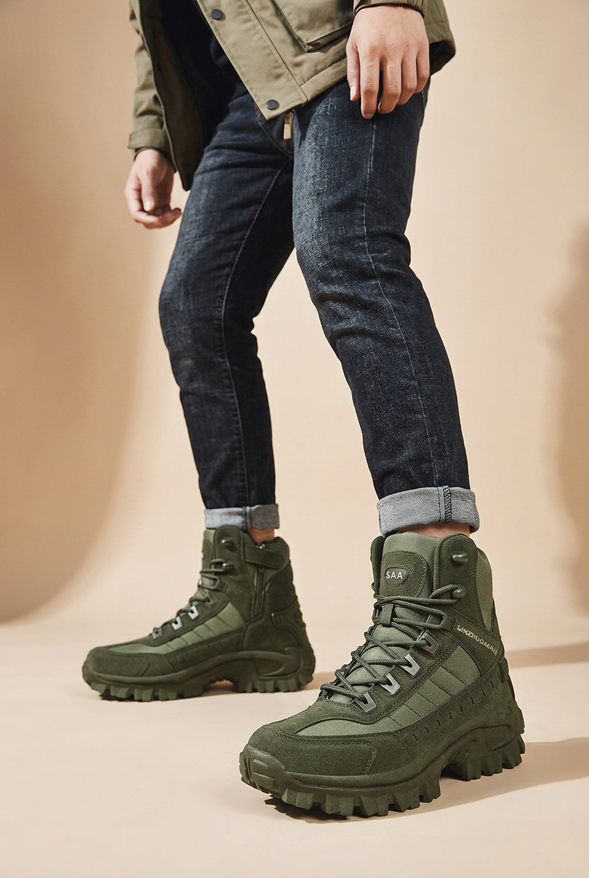 Model in dark jeans and a khaki jacket wears olive green lace-up boots against a beige backdrop 1