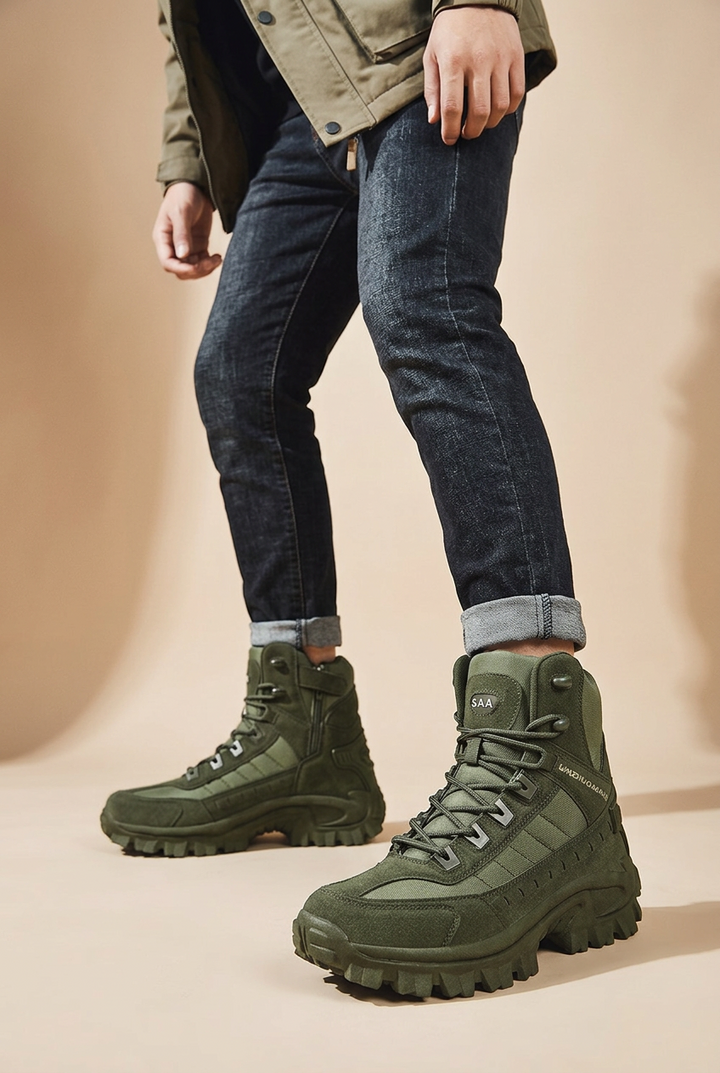 Model in dark jeans and a khaki jacket wears olive green lace-up boots against a beige backdrop 1