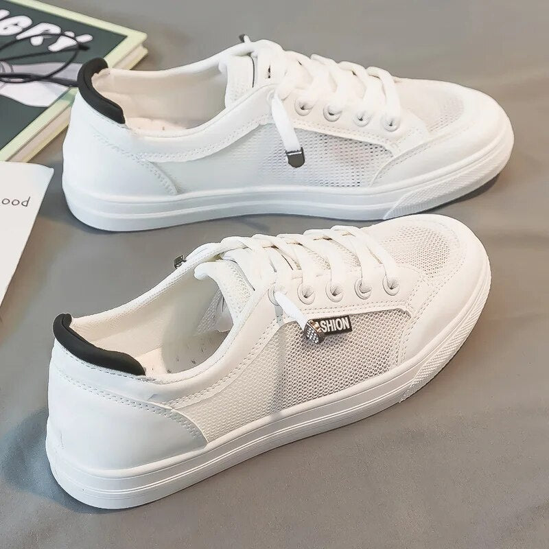 White women's sneakers with mesh upper – Elena-White Black-3-Nora Luxe