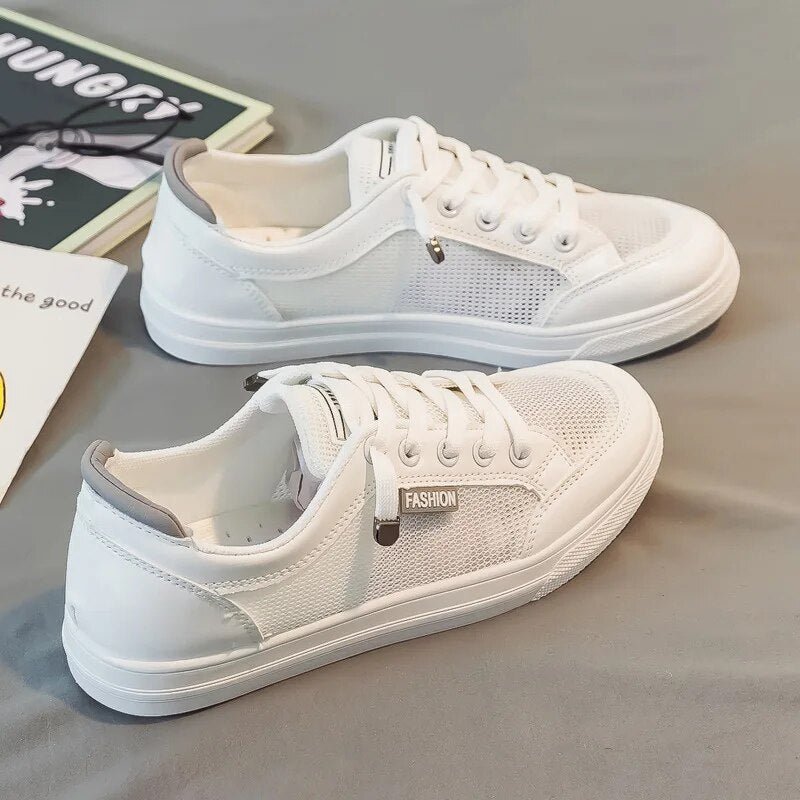 White women's sneakers with mesh upper – Elena-White Grey-3-Nora Luxe