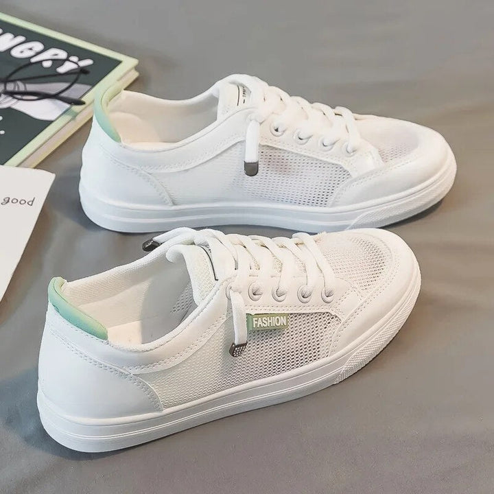 White women's sneakers with mesh upper – Elena-White Green-3-Nora Luxe