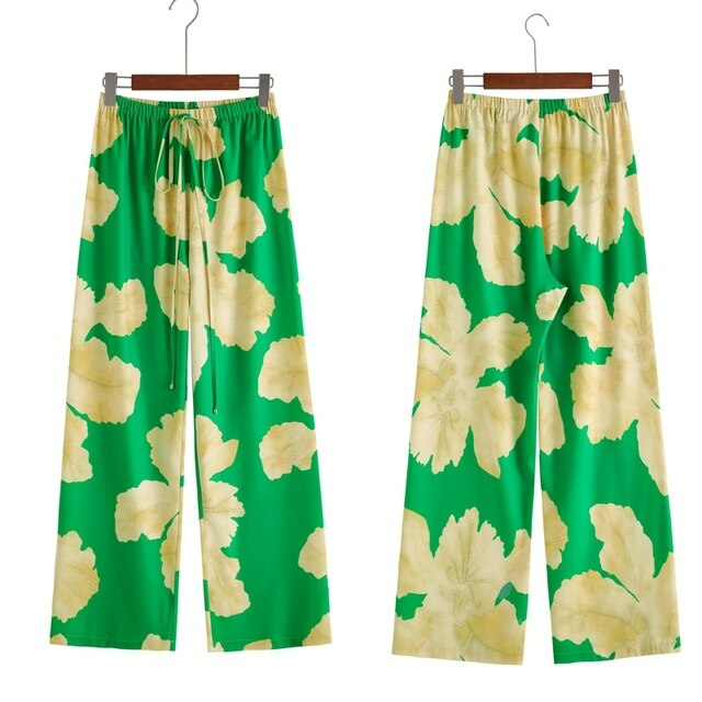 Wide-cut summer trousers made of chiffon – Liana-Green-S-The Livary