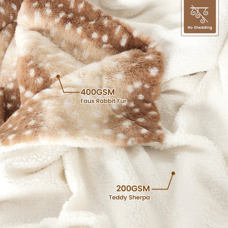 Close-up of the plush spotted fur layer folded back to show the soft white teddy sherpa underside.