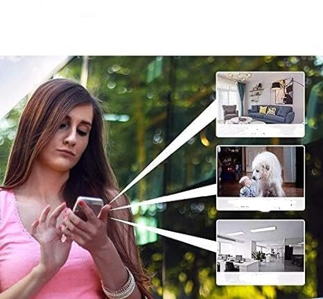 Woman checking her phone, with lines linking to three live views: living room, child with dog, office 8