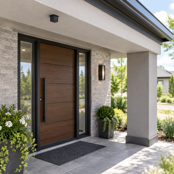 Small black camera mounted under the eave above a modern wood front door and entry porch 1