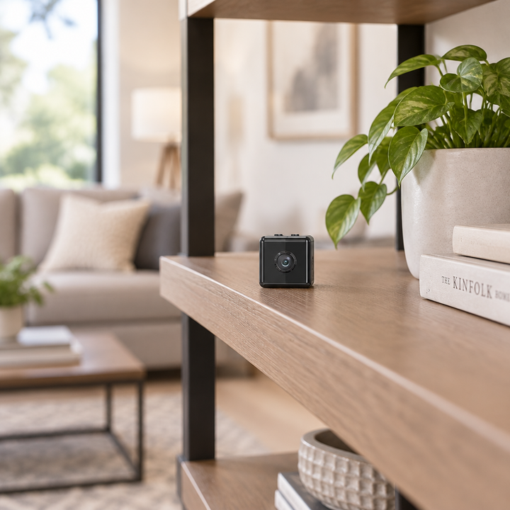 Small black cube camera sitting on a wooden shelf beside a potted plant in a living room 1