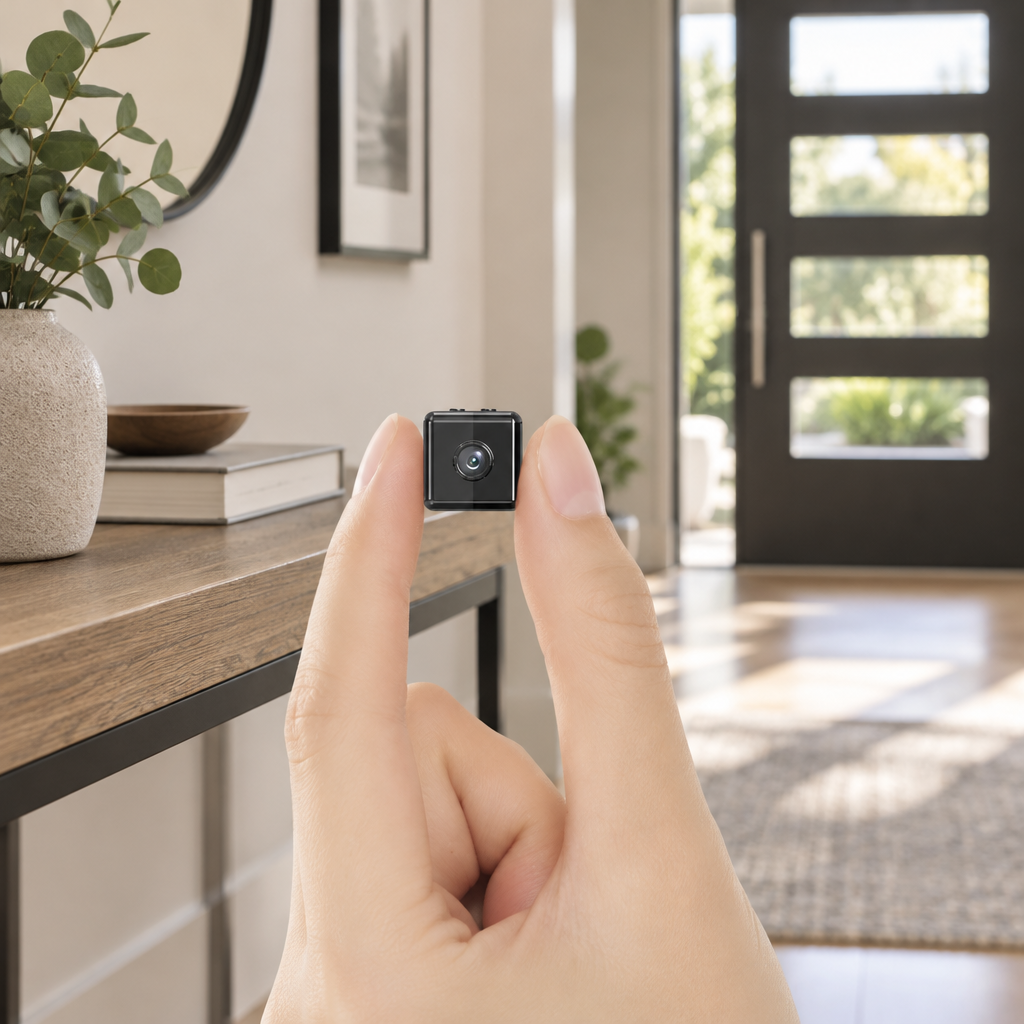 Tiny black cube camera held between two fingertips in a bright entryway beside a console table 1