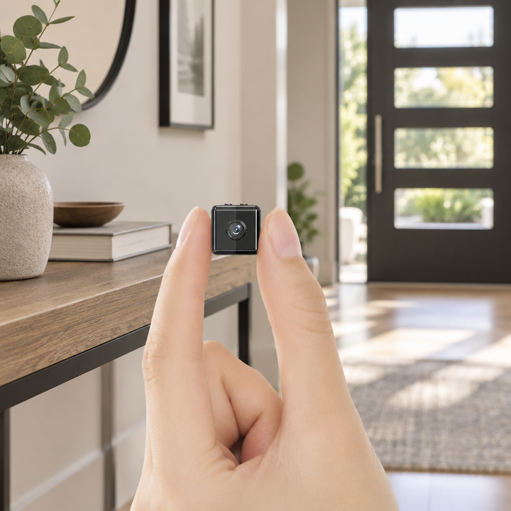 Tiny black cube camera held between two fingertips in a bright entryway beside a console table 1