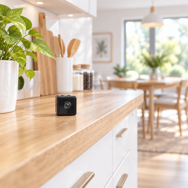 Small black cube camera sitting on a wooden kitchen countertop beside a plant and cutting boards 1