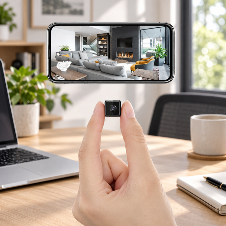 Tiny black cube camera held between two fingertips on a desk, with a phone above showing a live living room view 1