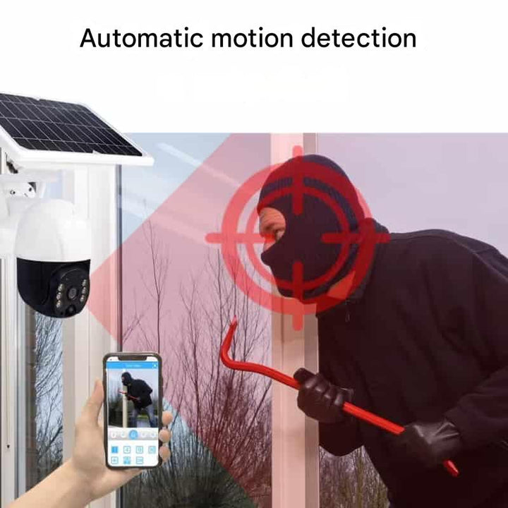 Masked intruder holding a crowbar at a window, targeted by the camera, with the alert on a phone 12