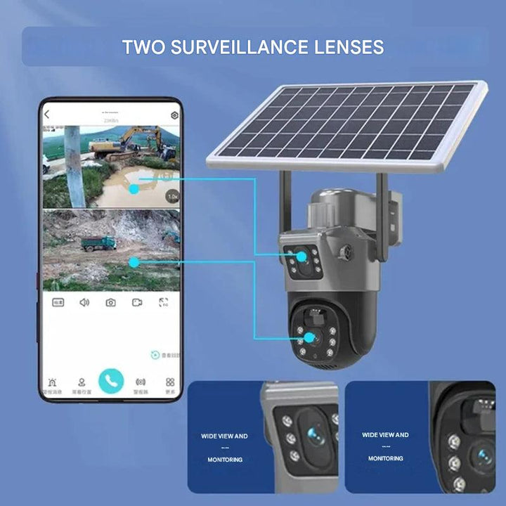 Phone showing two live construction-site views from the camera's upper and lower lenses, with close-ups of each lens 12