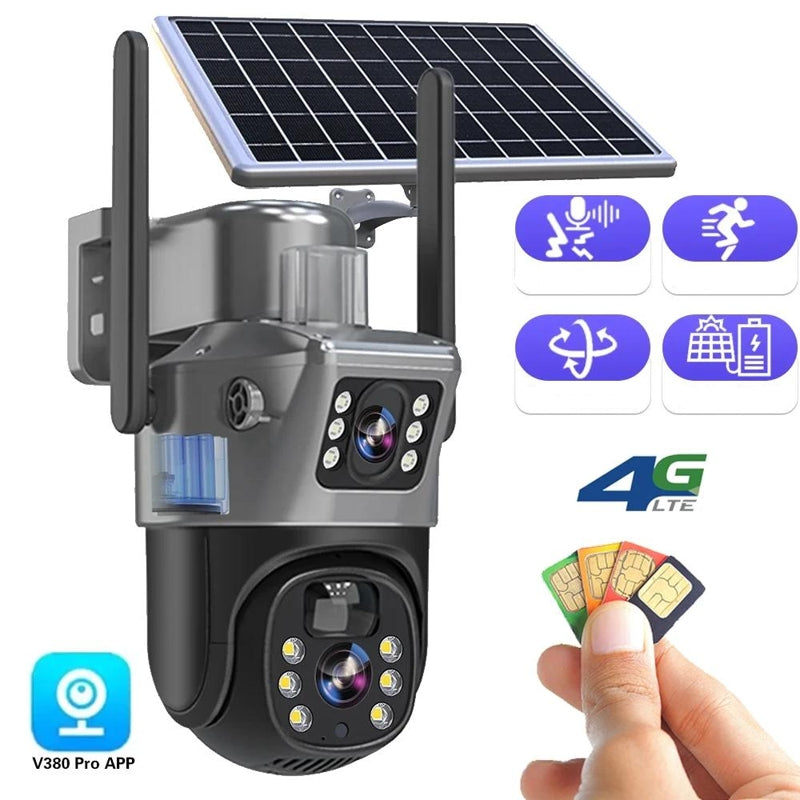 Solar camera beside feature icons for sound, motion, rotation and solar charging, with SIM cards held in a hand 2