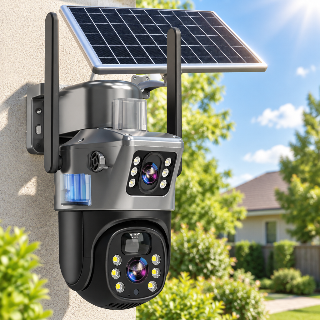 Dual-lens camera with solar panel mounted on a stucco wall in bright daylight beside green shrubs 14