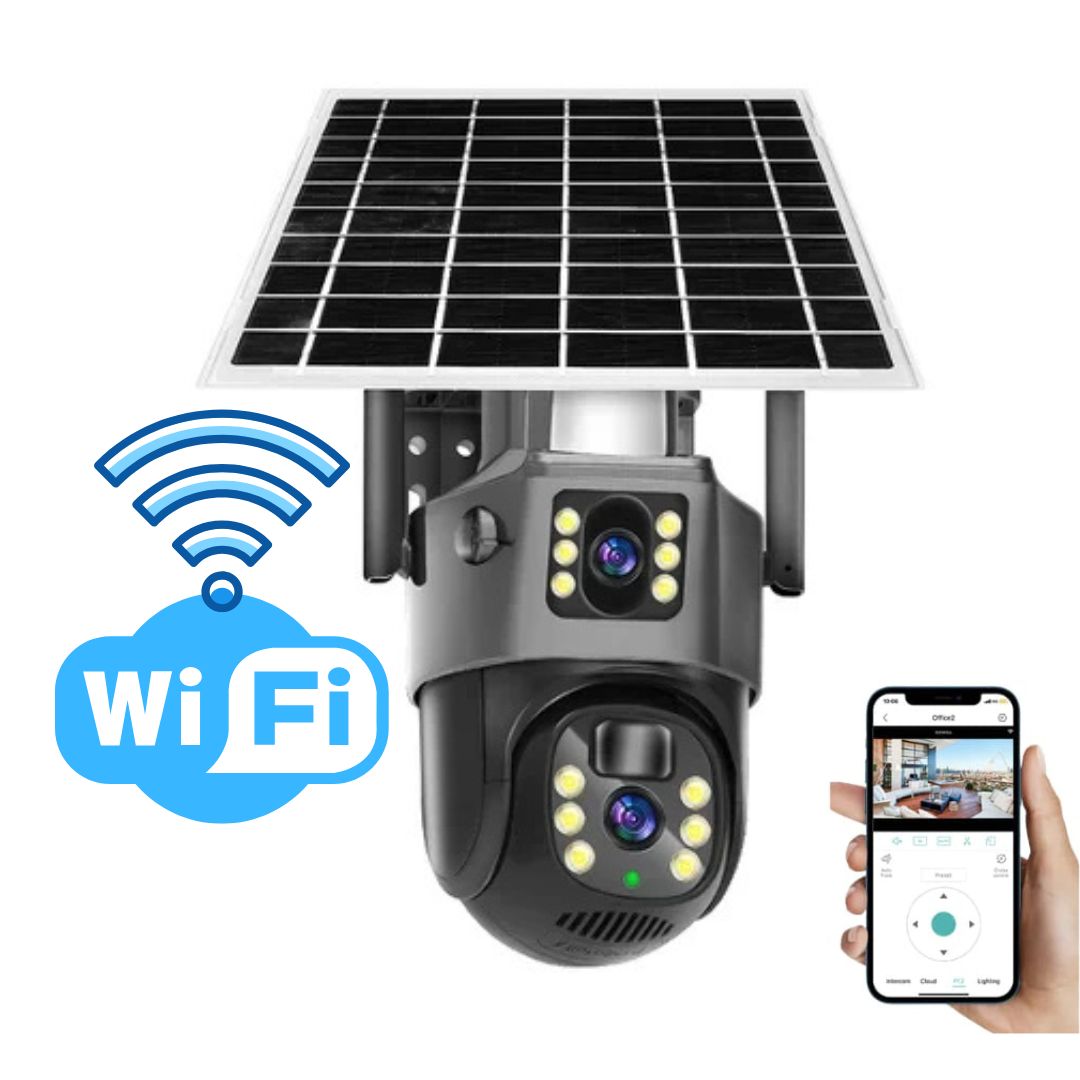 Camera with solar panel next to a large Wi-Fi symbol and a hand holding a phone showing the live view 4