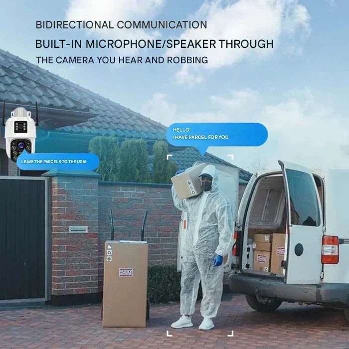Camera on a brick wall talking with a delivery worker in protective clothing holding a parcel beside a van 6