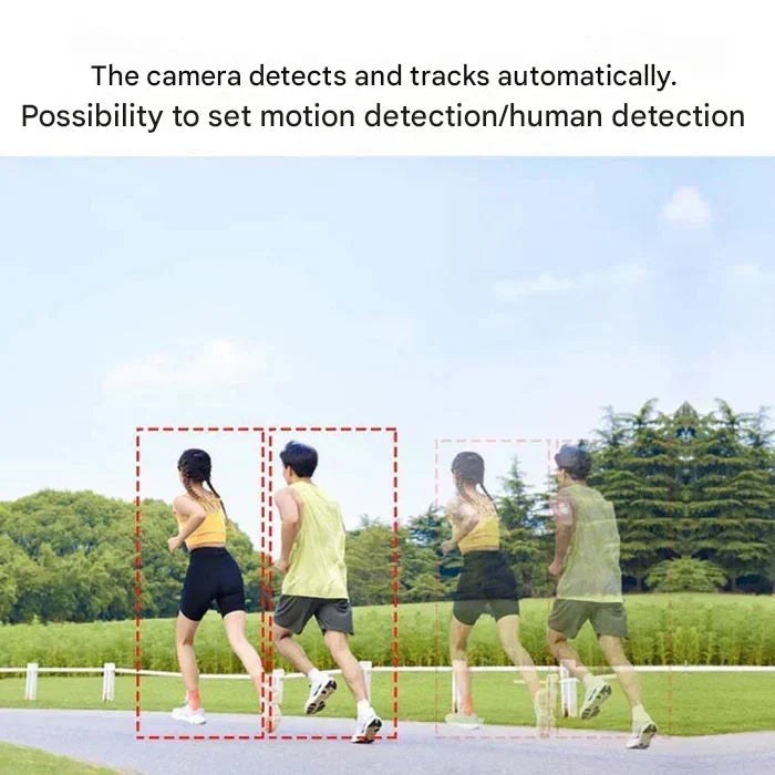 Two joggers on a park path outlined by red tracking boxes, illustrating automatic motion and human detection 7