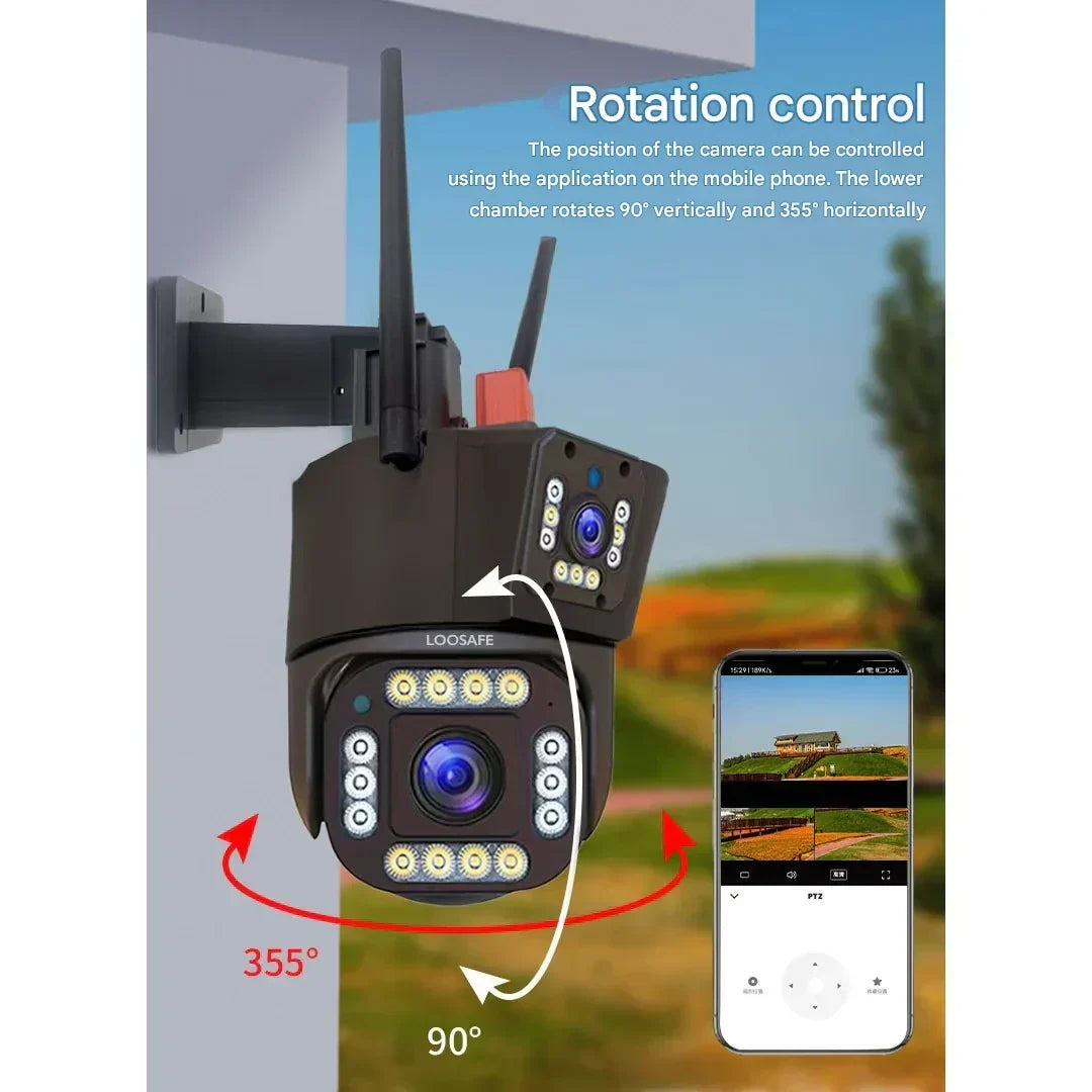 Wall-mounted camera with red arrows showing 355-degree horizontal and 90-degree vertical rotation, beside a phone control 9