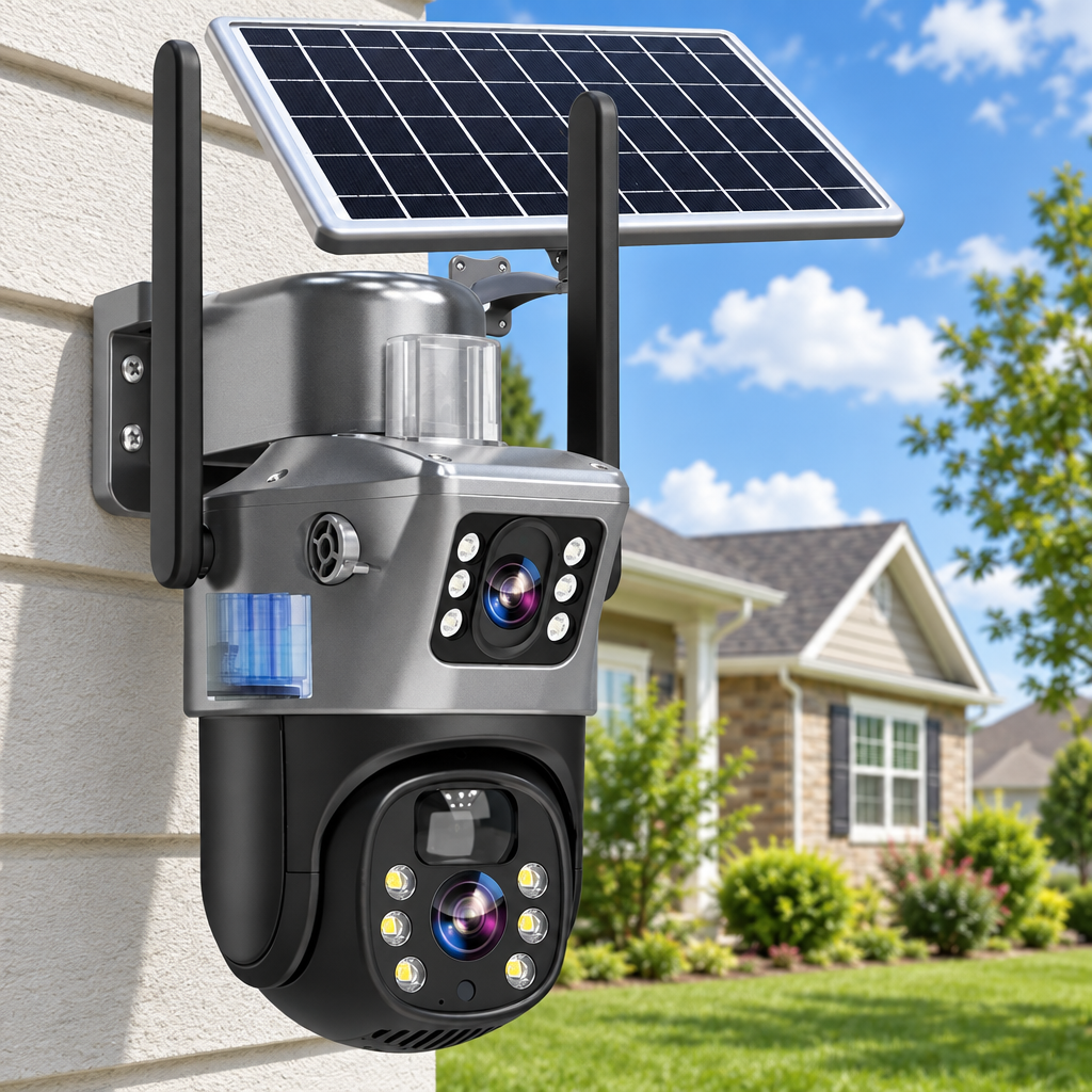 Dual-lens solar camera mounted on a beige exterior wall, with a suburban house and lawn behind 14